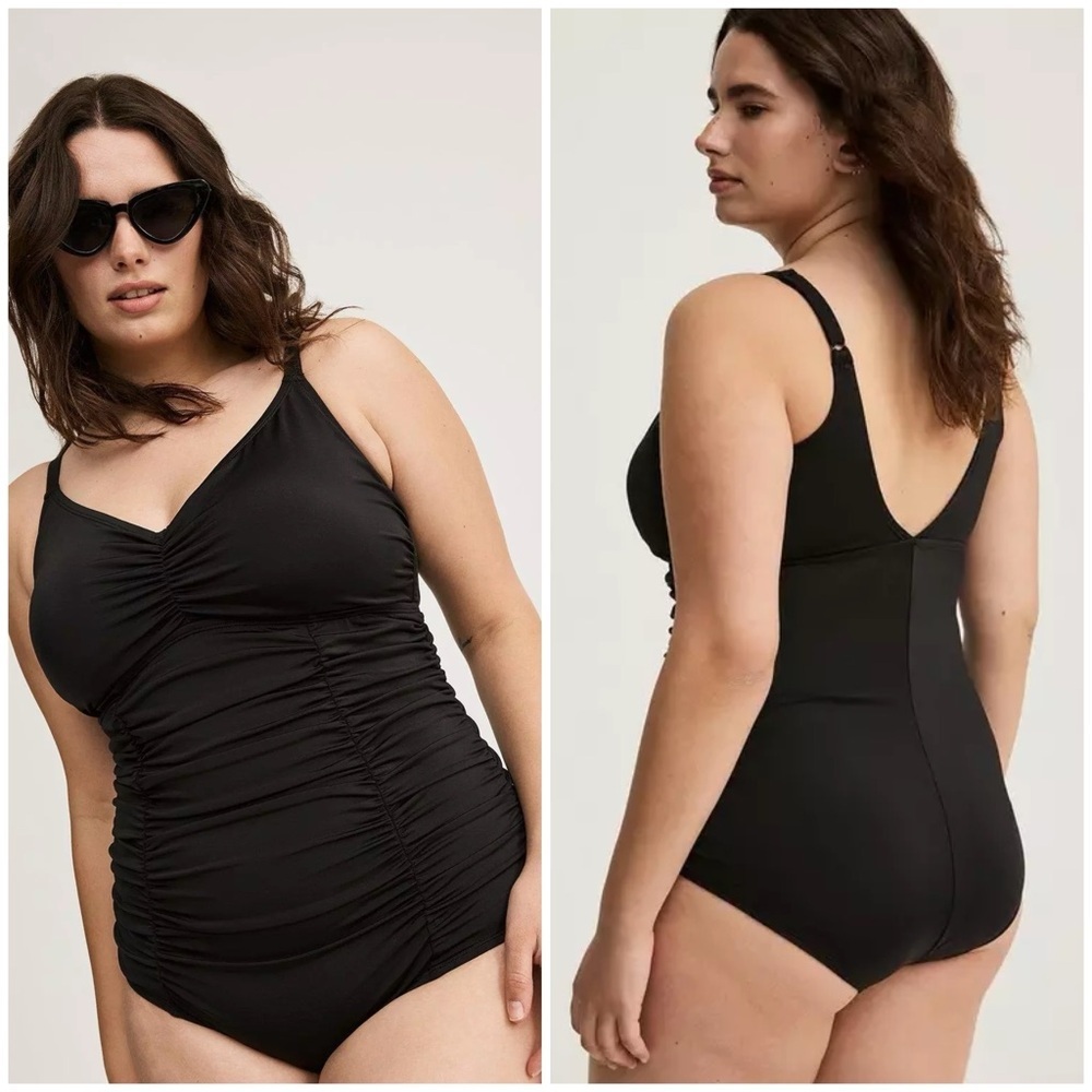NWT Torrid Wire-Free Slim Fix Plunge Black Ruched One-Piece Swimsuit 5X